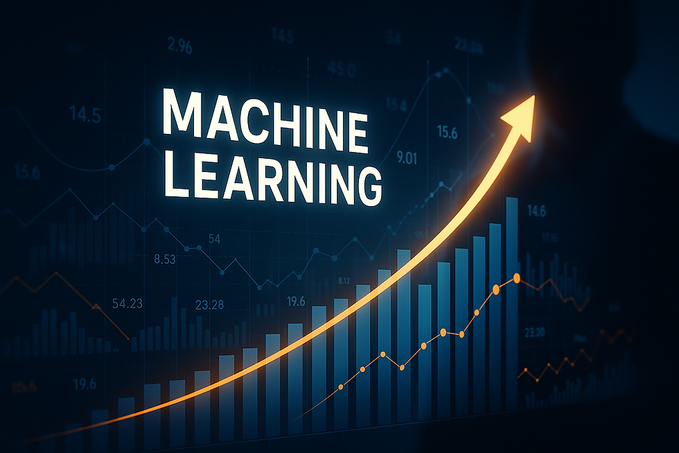 Ultra-realistic image of machine learning in sales featuring a glowing upward trend line, bar graphs, and data analytics interface, symbolizing AI-driven sales growth and predictive analytics.