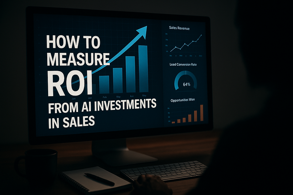 Ultra-realistic image showing a computer screen displaying the phrase “How to Measure ROI from AI Investments in Sales” with performance dashboards for sales revenue, lead conversion rate, and opportunities won. The screen is set on a desk with a keyboard, notebook, pen, and coffee mug, while a silhouetted figure observes the data. Ideal for illustrating AI ROI tracking in sales environments.