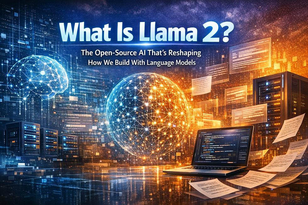Llama 2 open-source AI blog banner with title text, neural network visuals, and code.