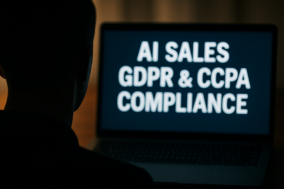 Faceless silhouette of a person in front of a laptop screen displaying the bold text "AI Sales GDPR & CCPA Compliance" in a dark workspace, representing data privacy and legal regulations in AI-powered sales systems.
