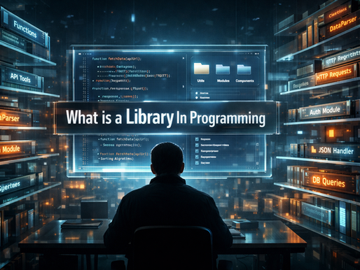 Futuristic digital code library with glowing books, holographic code screen, and “What is a Library In Programming” title.