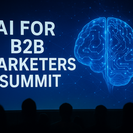 AI for B2B Marketers Summit presentation screen showing digital brain graphics and faceless audience silhouettes at an enterprise marketing technology conference