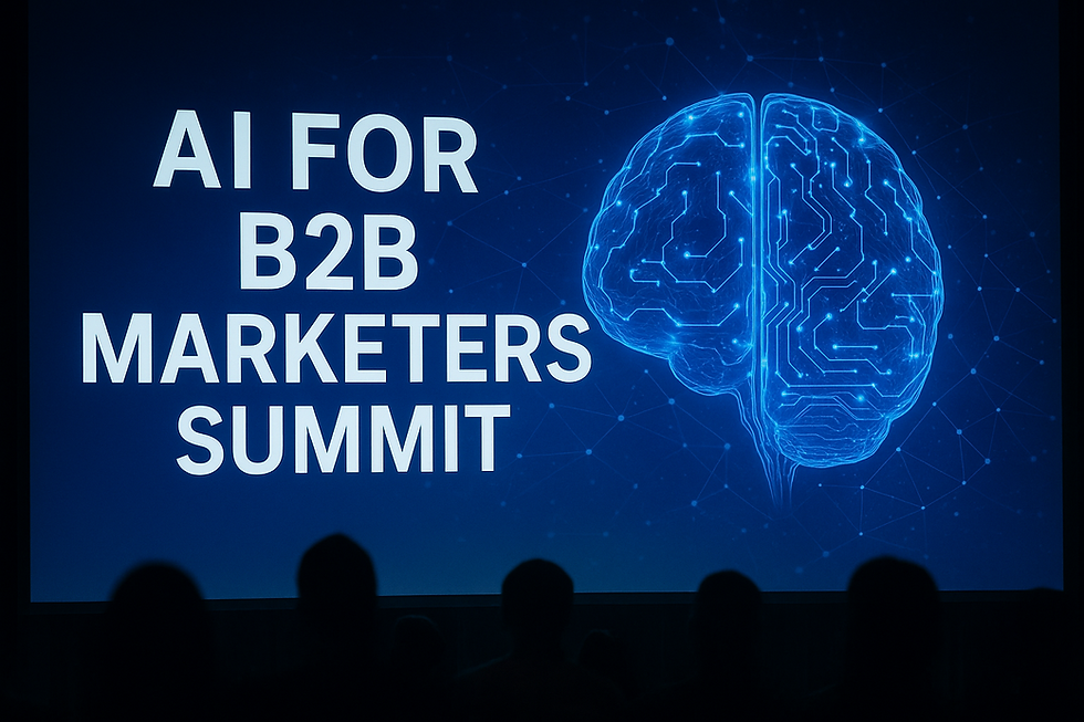 AI for B2B Marketers Summit presentation screen showing digital brain graphics and faceless audience silhouettes at an enterprise marketing technology conference