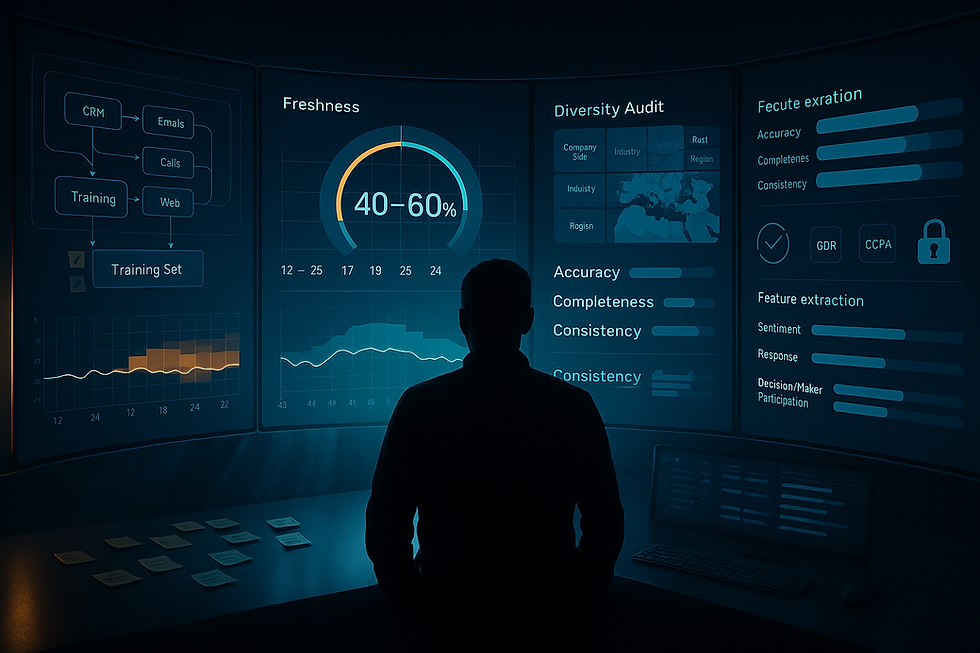 Silhouetted data analyst monitoring ultra-realistic sales machine learning training data dashboards with metrics on freshness, diversity audit, feature extraction, and data quality visualization in a high-tech control room.