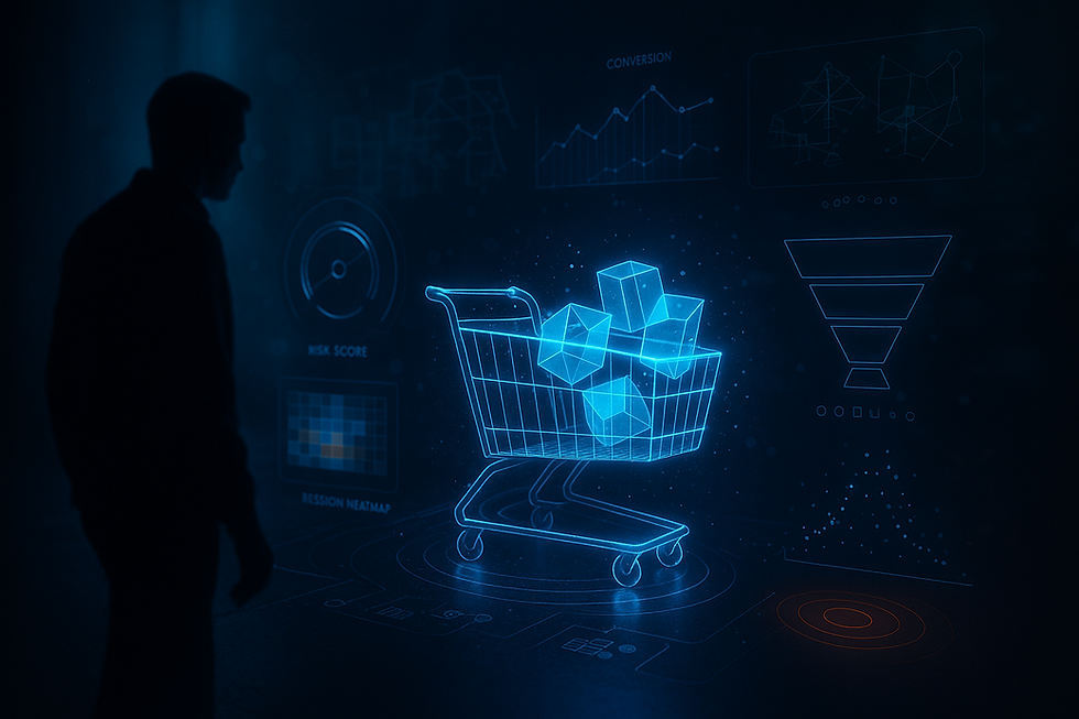 Ultrarealistic futuristic digital visualization of machine learning predicting cart abandonment in e-commerce. A silhouetted faceless figure observes a glowing blue holographic shopping cart surrounded by analytics dashboards, risk scores, heatmaps, conversion funnels, and neural network diagrams. Represents real-time AI cart abandonment prediction for sales optimization and revenue recovery.