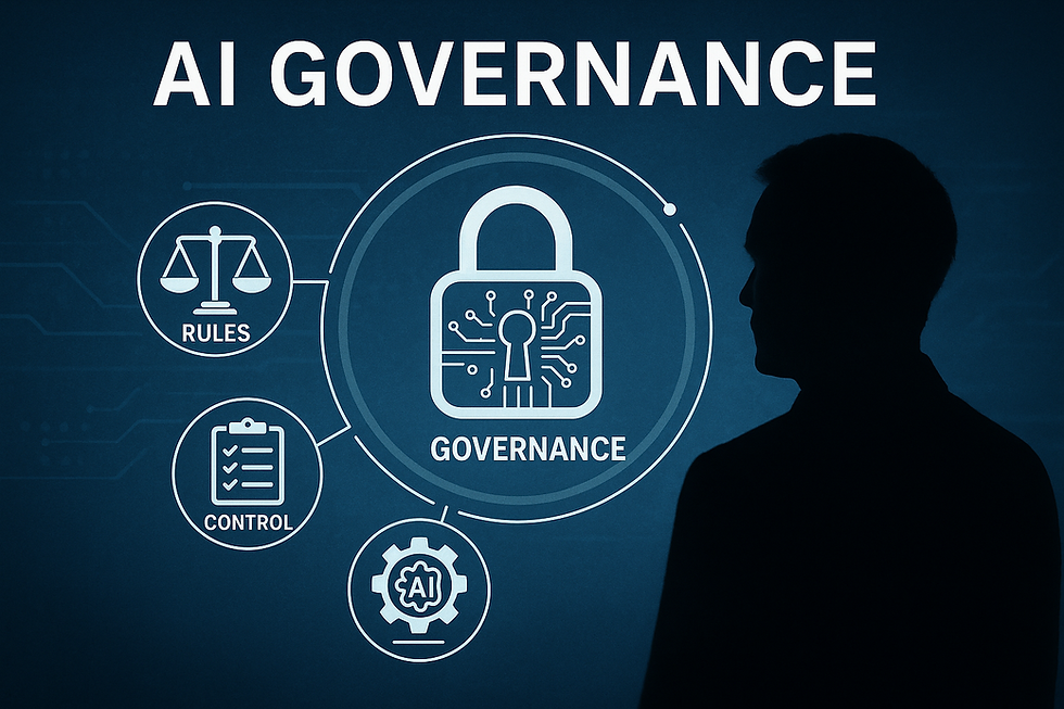 Ultra-realistic digital image depicting AI governance with icons for rules, control, and AI systems connected to a central padlock symbol, emphasizing cybersecurity, regulation, and ethical oversight. A silhouetted faceless human figure observes the governance framework, highlighting human-AI interaction and compliance in artificial intelligence development.
