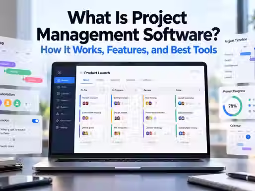 Project management software dashboard with tasks, timelines, automation, and progress tracking.