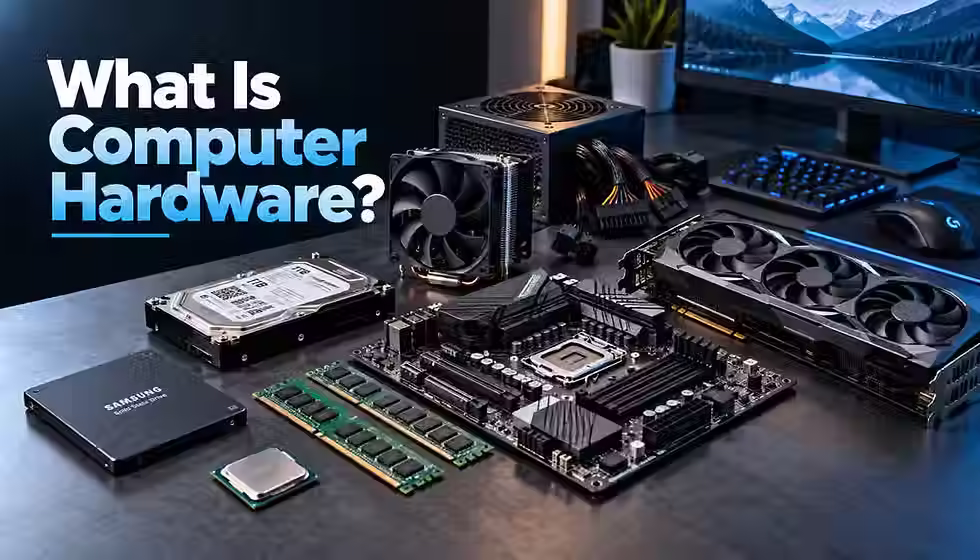 Computer hardware components including CPU, RAM, GPU, motherboard, and storage.