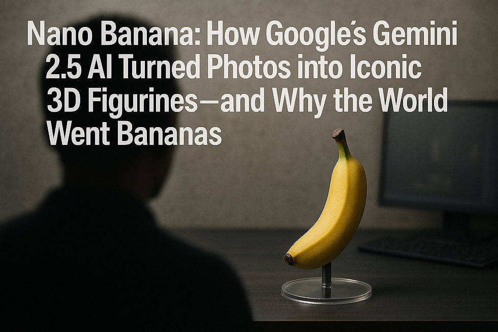 Ultra-realistic image of a yellow banana displayed on a transparent acrylic base, representing Google's Gemini 2.5 AI model 'Nano Banana', with a faceless silhouetted person in the foreground and a computer desk in the background—symbolizing the viral success of AI-generated 3D figurines in 2025.