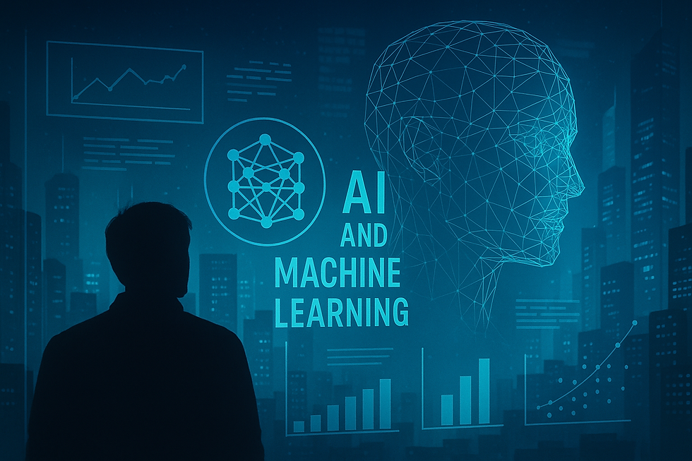 Silhouetted person facing a futuristic digital city interface displaying AI and machine learning graphics, neural network icons, data charts, and a wireframe human head representing artificial intelligence technology and future innovation.