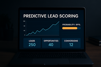 Ultra-realistic laptop screen displaying a predictive lead scoring dashboard with analytics chart, conversion probability, and lead metrics in a dark modern workspace.