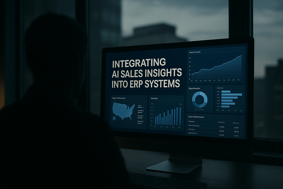 Silhouetted person viewing AI-driven sales analytics on a computer screen displaying ERP system dashboards with charts, graphs, and predictive insights, representing the integration of AI sales insights into ERP systems in a modern office setting at twilight.