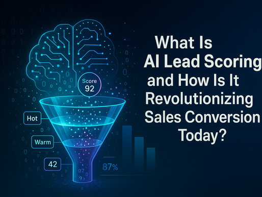 AI lead scoring banner with glowing funnel, brain circuit, conversion metrics, and article title on sales conversion.