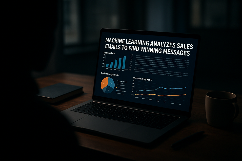 Ultra realistic image of a sales dashboard on a laptop screen showing machine learning analysis of email performance, with charts for open rates, reply rates, and subject line effectiveness. A silhouetted figure sits in front of the screen in a dimly lit room, emphasizing data-driven sales insights and AI-powered email optimization.