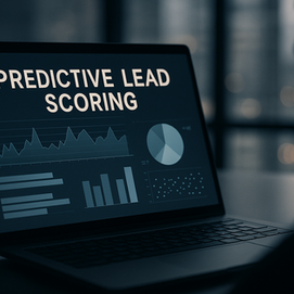 Ultra-realistic image of a laptop screen displaying predictive lead scoring analytics with graphs, bar charts, and pie charts in a dark office setting, observed by a silhouetted figure — representing machine learning in sales lead qualification.
