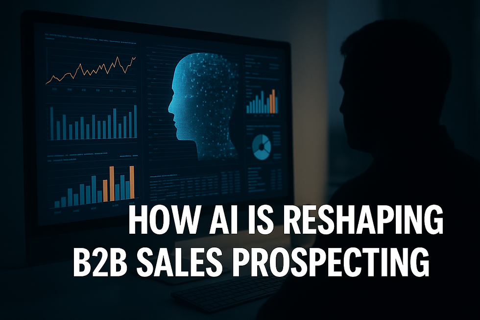 Faceless silhouette of a business professional analyzing an AI-powered dashboard with data charts and a digital head profile, symbolizing how AI is reshaping B2B sales prospecting.