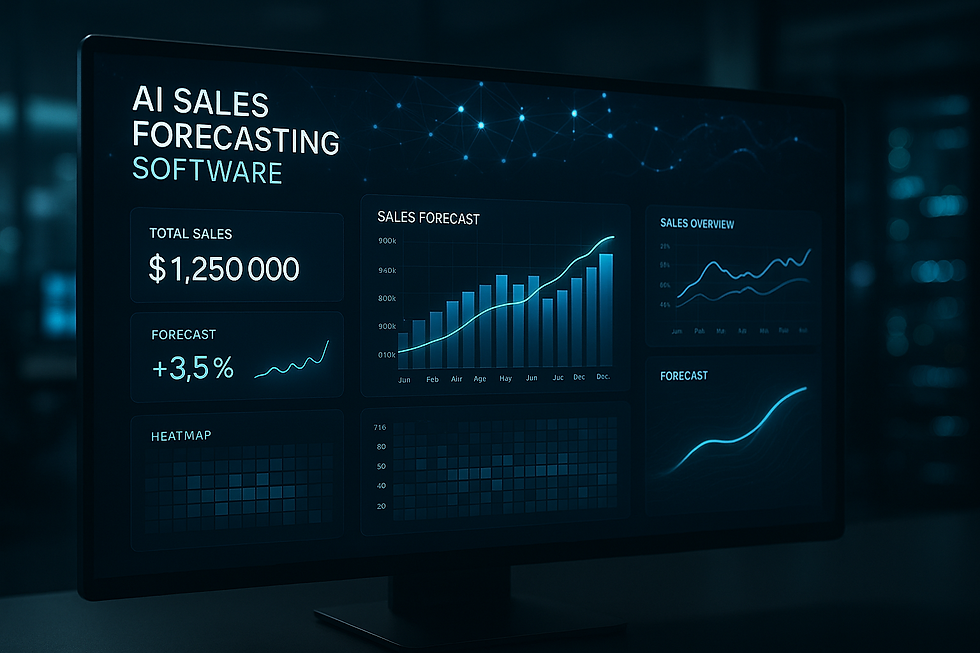 AI sales forecasting dashboard with 3D charts and sales KPI metrics.
