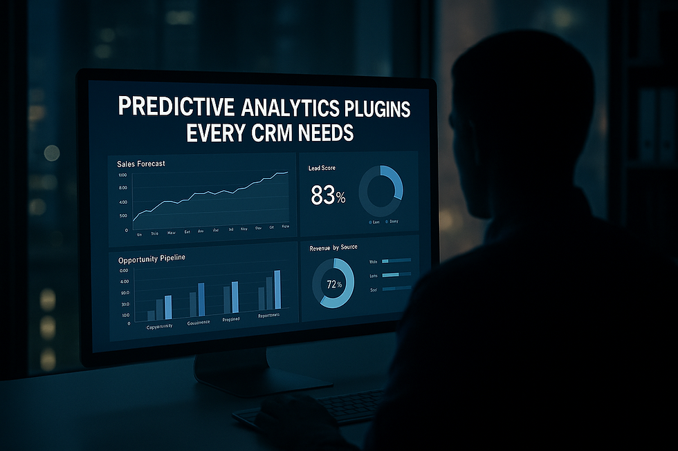 Faceless silhouette of a professional analyzing CRM predictive analytics dashboard on a desktop screen, featuring sales forecast graphs, lead scoring, opportunity pipeline, and revenue insights in a modern office at night.