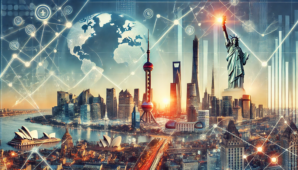 Skyline of global landmarks including the Eiffel Tower, Burj Khalifa, and Sydney Opera House with overlay graphics of growth charts, representing global market expansion strategies and business growth opportunities.