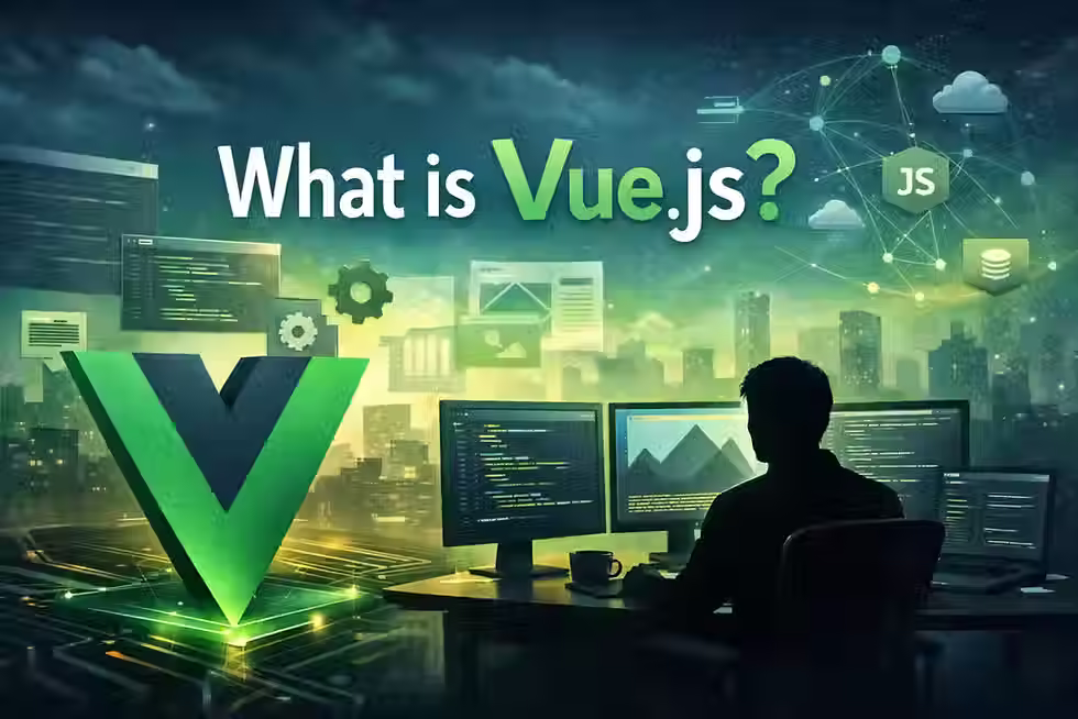 “What is Vue.js?” banner with Vue logo and silhouetted developer coding.