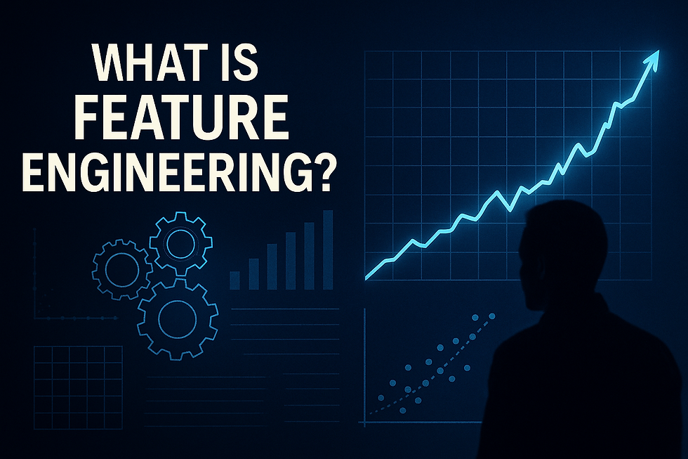 Ultra-realistic digital illustration of feature engineering in machine learning, showing gears, bar charts, scatter plots, and a glowing upward graph line, with silhouetted figure observing data visualization on a dark background.