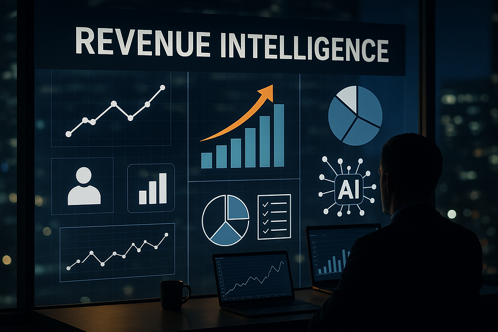 Silhouetted analyst in modern city office views Revenue Intelligence dashboard with AI sales charts, pipeline KPIs, and forecast graphs at night.