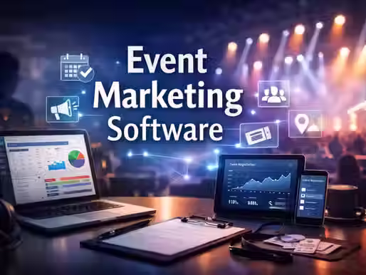 Ultra-realistic event marketing software dashboard on devices at a live event.
