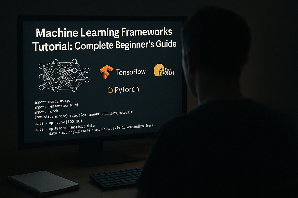 Machine Learning Frameworks Tutorial with TensorFlow, PyTorch and scikit-learn logos and code on monitor; silhouetted learner at computer.