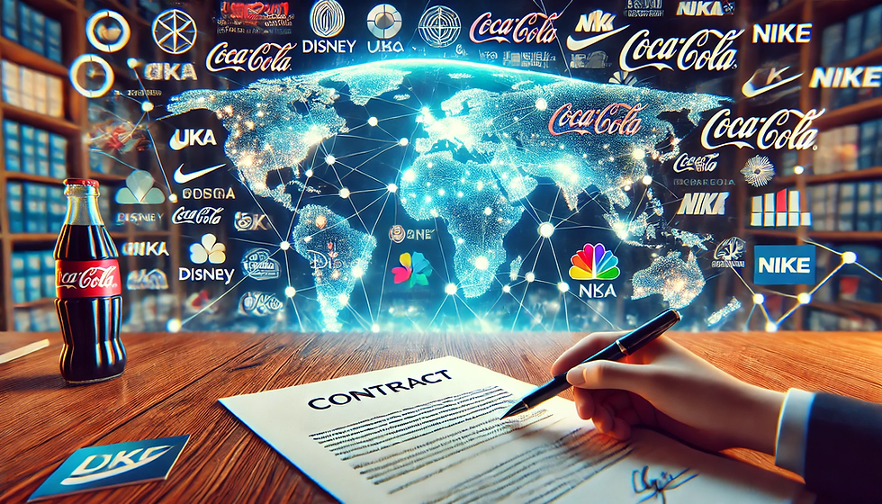 Global licensing strategy checklist with business expansion icons, world map, and contract signing.