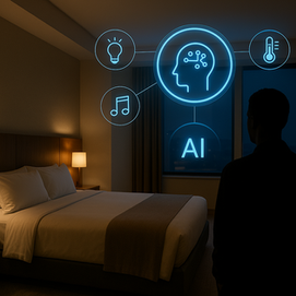 AI-powered smart hotel room in 2025 with automated lighting, temperature, and music controls, showing a silhouetted guest interacting with digital interface in a modern luxury setting overlooking city skyline at night