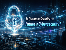 Glowing quantum lock over a futuristic circuit-board city with neon encrypted data streams.