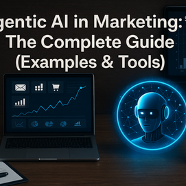 Agentic AI in Marketing guide cover with analytics laptop and glowing AI avatar.
