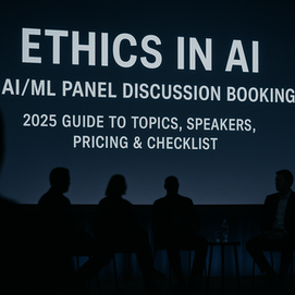 AI Ethics Panel Discussion 2025 with silhouetted speakers and a digital screen displaying 'Ethics in AI - AI/ML Panel Discussion Booking: 2025 Guide to Topics, Speakers, Pricing & Checklist' in a professional conference setting