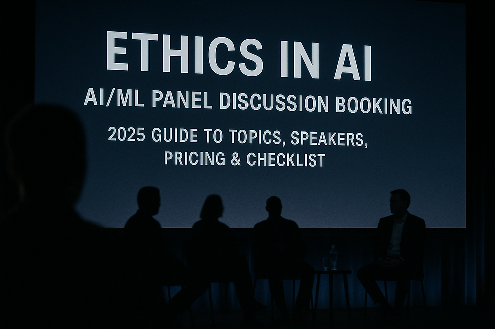 AI Ethics Panel Discussion 2025 with silhouetted speakers and a digital screen displaying 'Ethics in AI - AI/ML Panel Discussion Booking: 2025 Guide to Topics, Speakers, Pricing & Checklist' in a professional conference setting