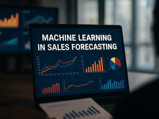 Ultra-realistic image of a laptop screen displaying 'Machine Learning in Sales Forecasting' with colorful data charts and graphs in a modern office setting. Faceless silhouette in the foreground, emphasizing data-driven technology environment.