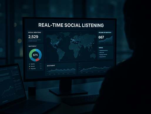 Ultra-realistic image of a dimly lit office with a silhouetted figure analyzing real-time social listening data on a large screen displaying sentiment analysis, social mentions, and global map metrics; ideal visual for blogs on AI-powered sales intelligence and machine learning in social media monitoring.