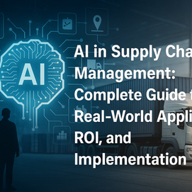 AI in supply chain management banner with AI brain graphic and freight truck.