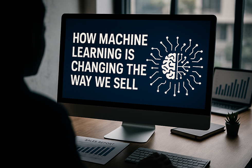 Ultra-realistic image of a modern sales office with a silhouetted person viewing a computer screen displaying the title 'How Machine Learning Is Changing the Way We Sell', alongside sales graphs and a printed sales report, representing the integration of AI and machine learning in modern sales strategies.