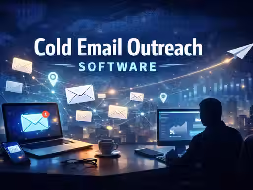 Ultra-realistic “Cold Email Outreach Software” banner with email icons and analytics dashboard.
