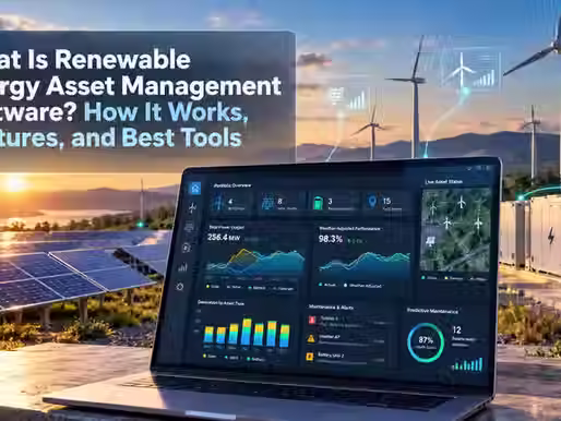 Renewable energy asset management software dashboard for solar, wind, and battery assets.