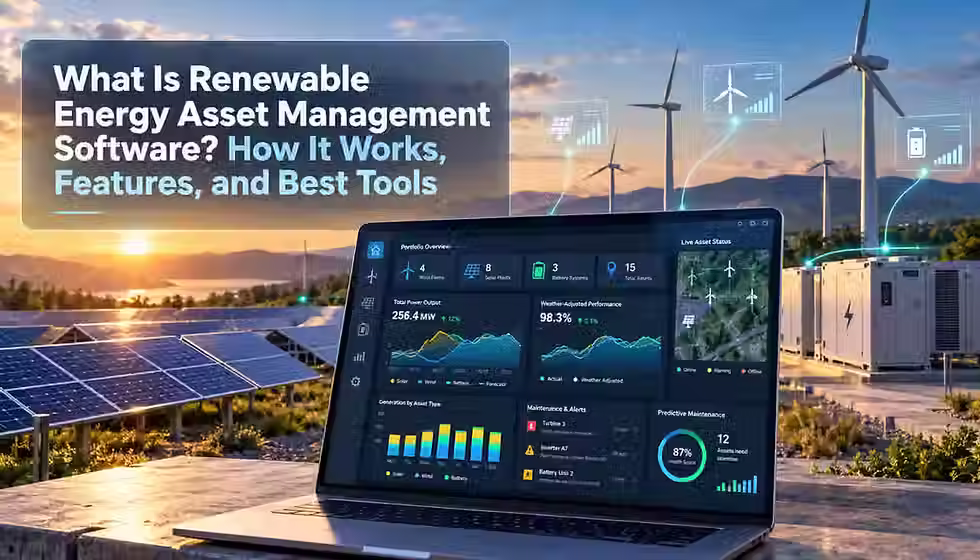 Renewable energy asset management software dashboard for solar, wind, and battery assets.