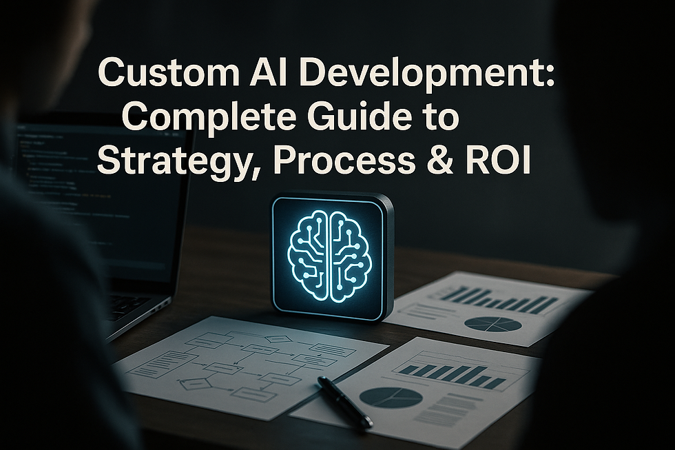 Custom AI development guide cover with glowing AI brain and analytics charts.