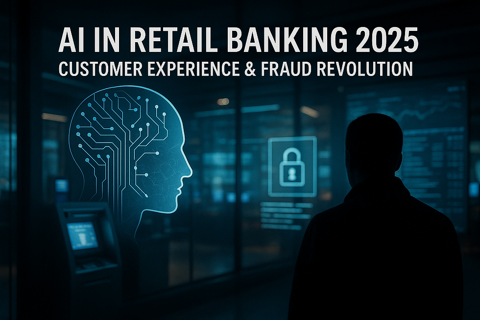 Ultra-realistic digital image of a futuristic retail bank interior with glowing holographic AI icons, including a human head-shaped circuit board and a digital padlock symbol, representing artificial intelligence in banking. A silhouetted figure faces a large transparent screen with financial data overlays. Text reads "AI in Retail Banking 2025: Customer Experience & Fraud Revolution." The scene conveys advanced technology, cybersecurity, and digital transformation in financial services.