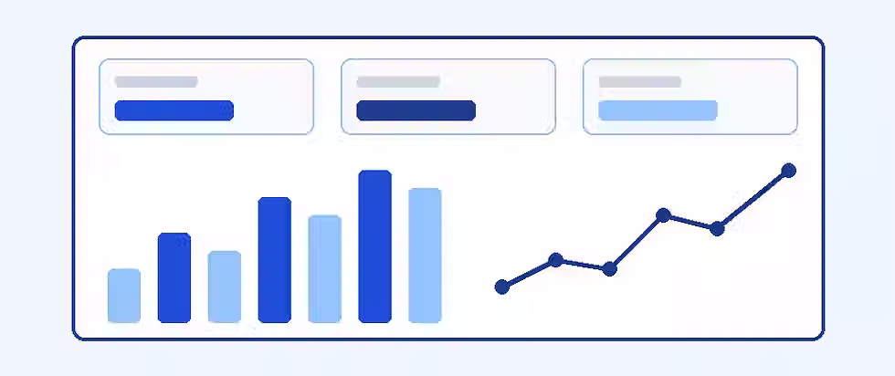 Conceptual KPI dashboard illustration with summary tiles, a bar chart and a trend line