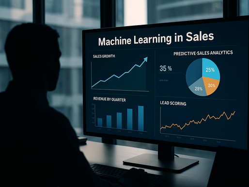 Ultra-realistic office scene showing a silhouetted person analyzing machine learning sales analytics on a large monitor, with charts for sales growth, revenue by quarter, lead scoring, and predictive analytics in a high-rise setting.