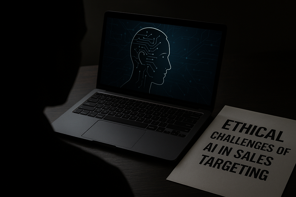 Silhouetted person viewing AI-generated facial profile on laptop screen with document titled "Ethical Challenges of AI in Sales Targeting" on desk, representing data privacy, algorithmic bias, and ethical concerns in machine learning for sales.