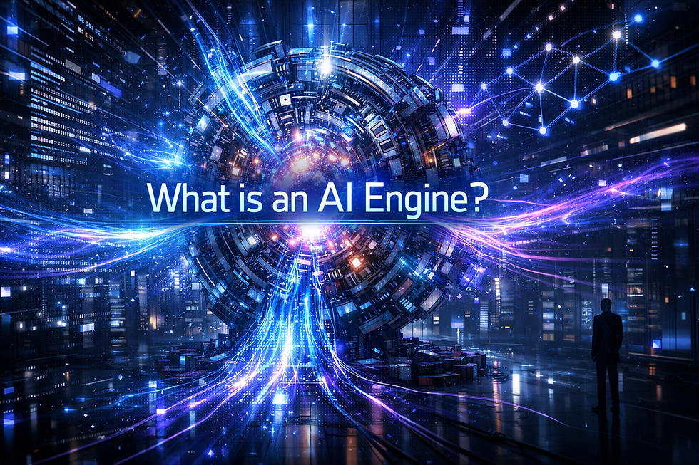 Futuristic AI engine glowing in a dark data center with holographic “What is an AI Engine?” text.