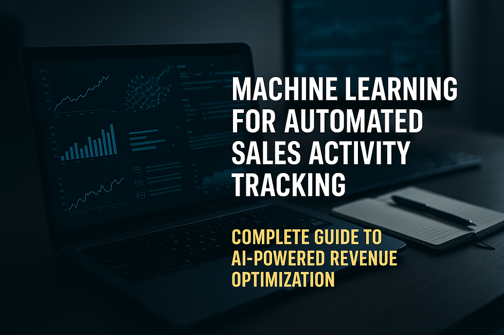 Ultra-realistic image of a modern office setup with a laptop screen displaying AI-powered sales dashboards and analytics charts, representing machine learning for automated sales activity tracking and revenue optimization, with a notepad and pen on the side, in a professional low-light environment.