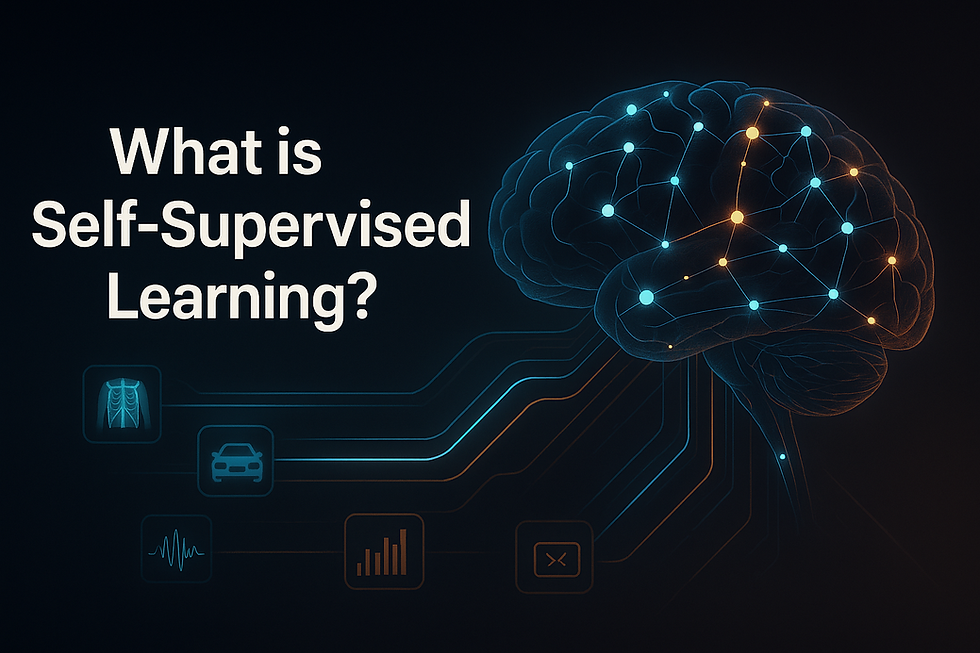 “What is Self-Supervised Learning?” ultra-realistic AI brain with glowing data connections and icons for medical, automotive, and analytics data.