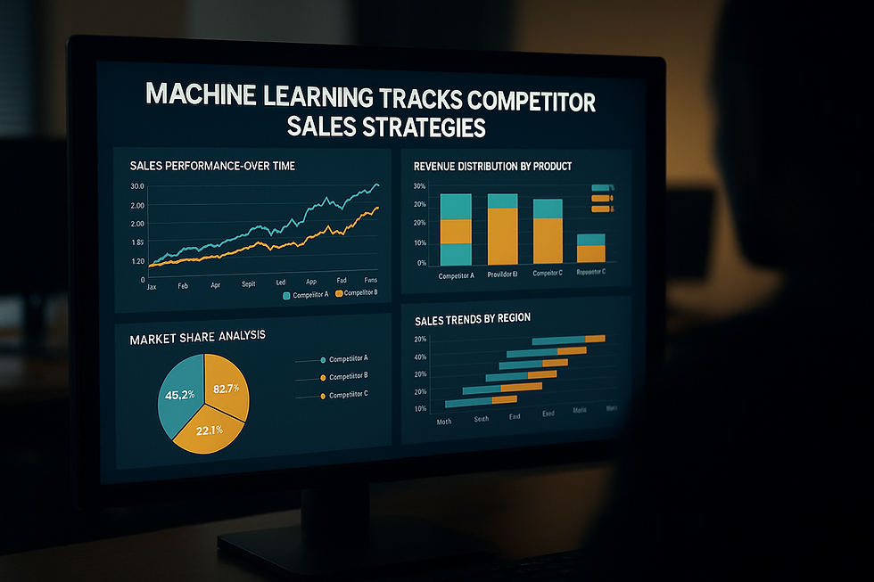 Ultra-realistic image showing a computer monitor displaying machine learning analysis of competitor sales strategies, with graphs on sales trends, market share, and revenue distribution. A silhouetted person is viewing the screen in a dimly lit office, representing AI-powered competitive sales tracking.